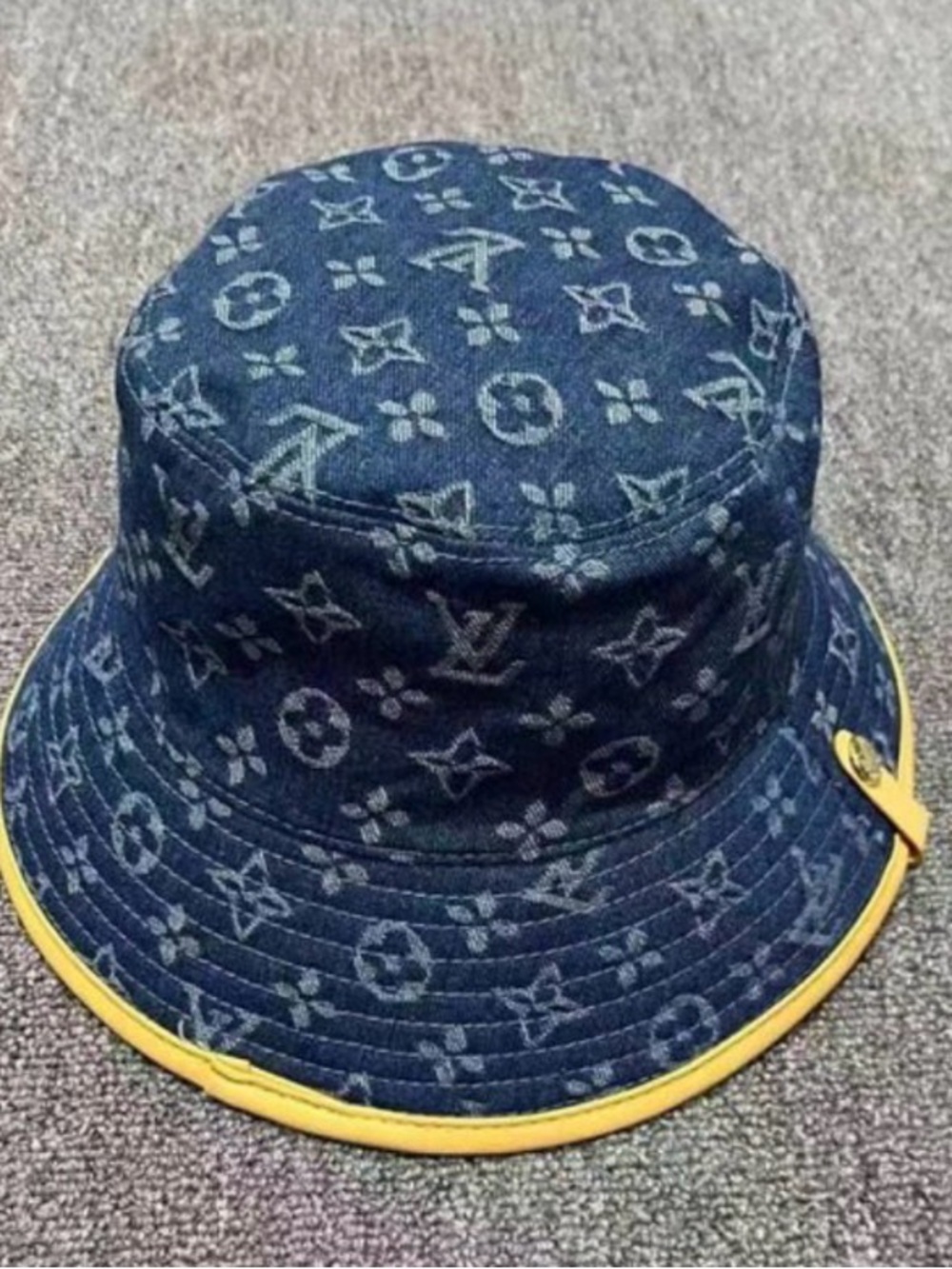 Denim Monogram Bucket Hat in Navy with tan/cream Trim